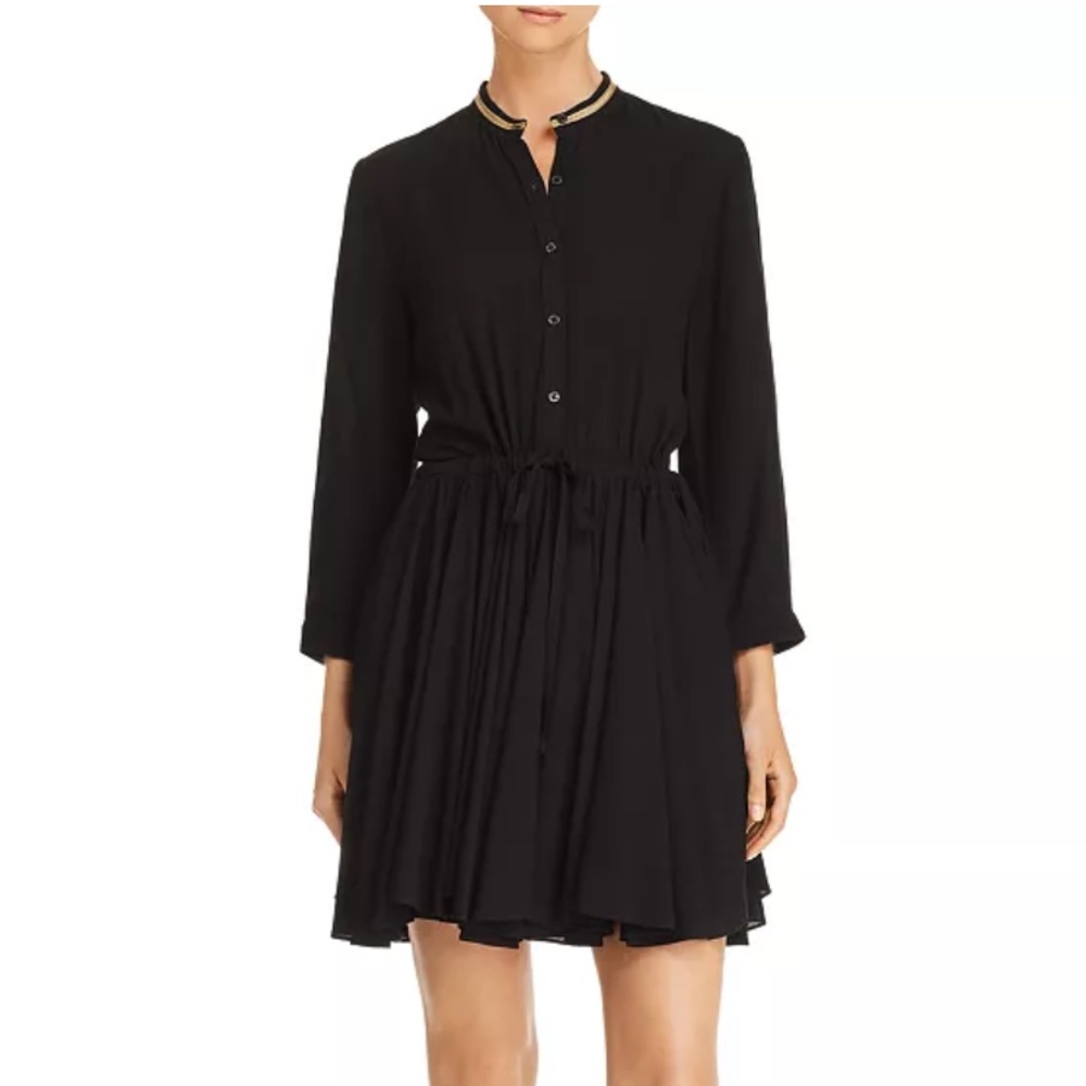 Black Long-Sleeve Drawstring Waist Shirt Dress